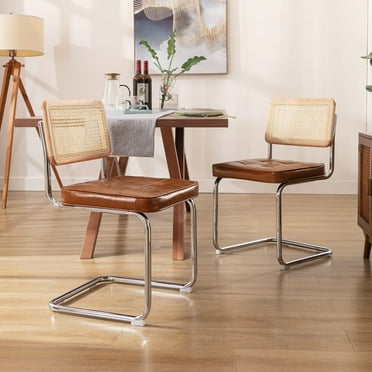 Zesthouse Rattan Dining Chairs Set of 2, Faux Leather Dining Chair with Cane Back and Chrome Legs, Mid-Century Modern Upholstered Kitchen Side Chairs for Dining Living Room, Brown