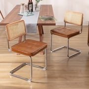 Zesthouse Rattan Dining Chairs Set of 2, Faux Leather Dining Chair with Cane Back and Chrome Legs, Mid-Century Modern Upholstered Kitchen Side Chairs for Dining Living Room, Brown