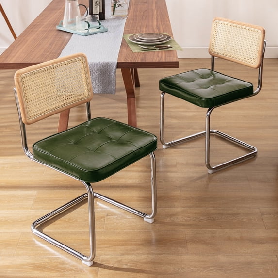 Zesthouse Rattan Dining Chairs Set of 2, Faux Leather Dining Chair with Cane Back and Chrome Legs, Mid-Century Modern Upholstered Kitchen Side Chairs for Dining Living Room, Green