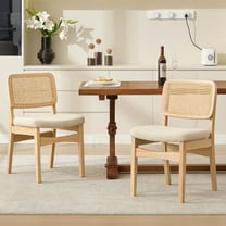 Zesthouse Rattan Dining Chairs Set of 2, Mid Century Dining Chairs, Kitchen Dining Room Chair, Curved Upholstered Linen Fabric Dining Chair with Cane Back and Natural Wood Frame, Beige