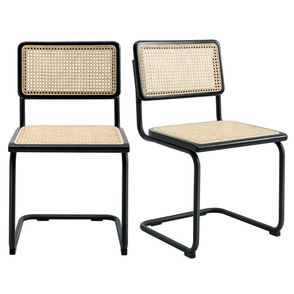 Zesthouse Rattan Dining Chairs Set of 2, Mid Century Modern Dining Room Chairs with Cane Full Back & Seat, Black Metal Legs, Cantilever Kitchen Side Chairs for Dining Living Room, Black