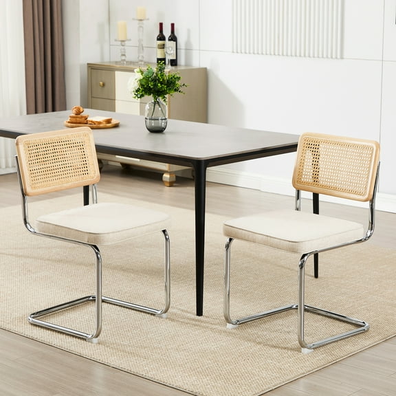 Zesthouse Rattan Dining Chairs Set of 2, Modern Linen Upholstered Dining Room Chairs with Cane Back and Chrome Legs, Mid Century Kitchen Chairs for Living Room, Beige