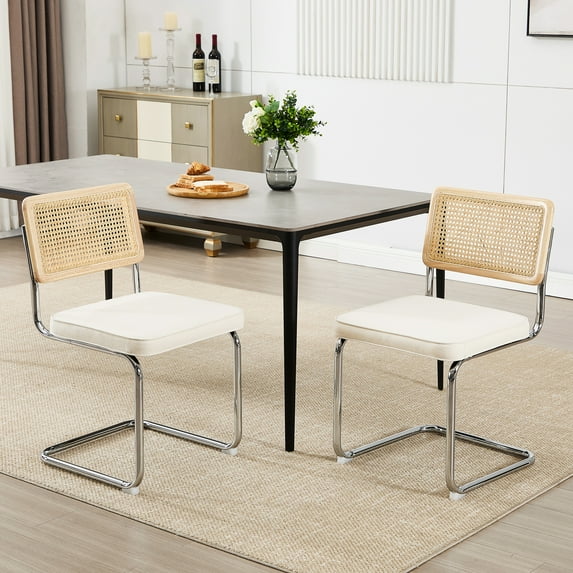 Zesthouse Rattan Dining Chairs Set of 2, Modern Linen Upholstered Dining Room Chairs with Cane Back and Chrome Legs, Mid Century Kitchen Chairs for Living Room, Cream