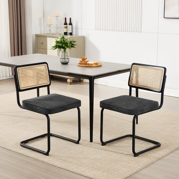 Zesthouse Rattan Dining Chairs Set of 2, Modern Linen Upholstered Dining Room Chairs with Cane Back and Chrome Legs, Mid Century Kitchen Chairs for Living Room, Dark Gray