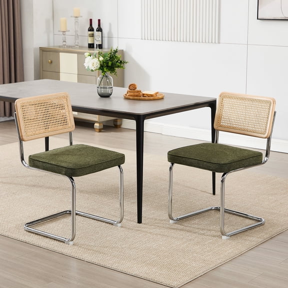 Zesthouse Rattan Dining Chairs Set of 2, Modern Linen Upholstered Dining Room Chairs with Cane Back and Chrome Legs, Mid Century Kitchen Chairs for Living Room, Green