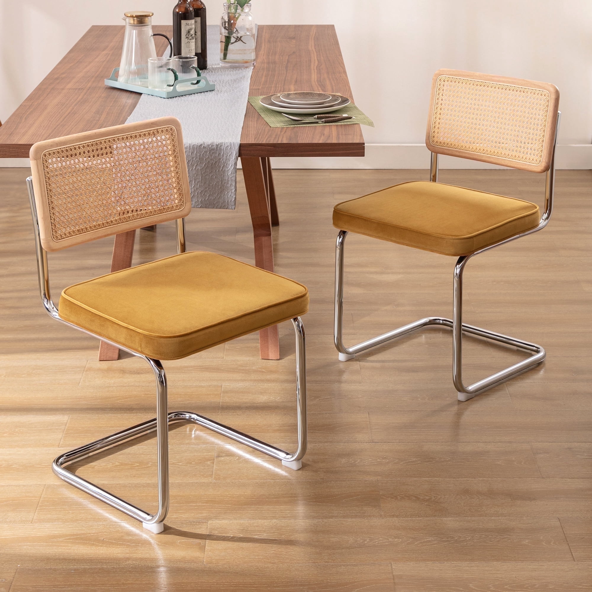 Zesthouse Rattan Dining Chairs Set of 2, Velvet Upholstered Dining Chairs with Cane Back and Chrome Legs, Mid Century Modern Kitchen Side Chairs for Dining Living Room, Yellow