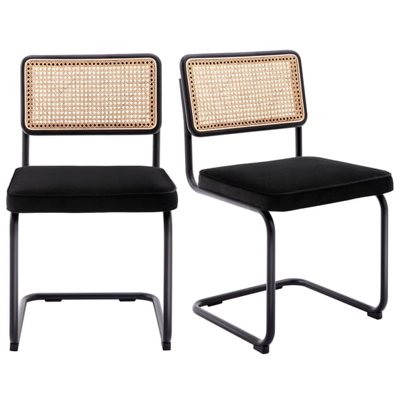 Zesthouse Rattan Dining Chairs Set of 2, Velvet Upholstered Dining Chairs with Cane Back and Metal Legs, Mid Century Modern Kitchen Side Chairs for Dining Living Room, Black