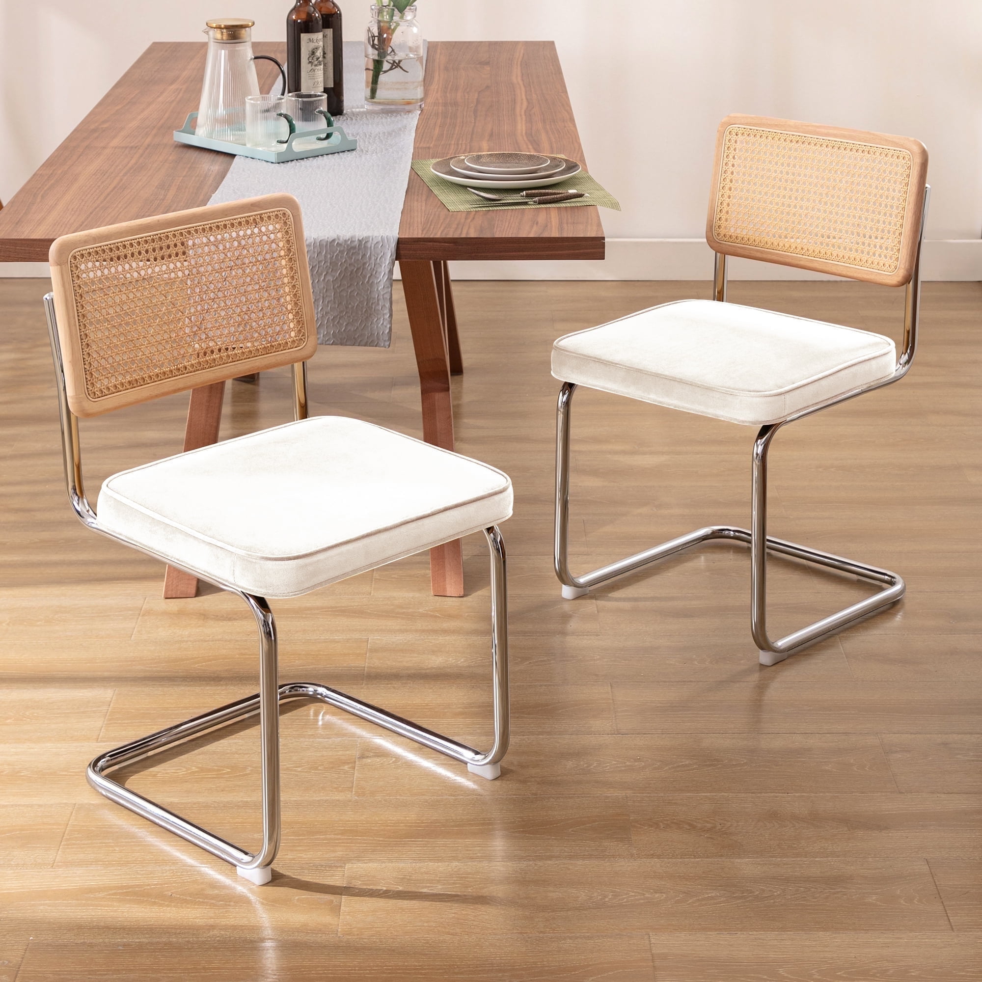 Zesthouse Set of 2 Mid-Century Modern Rattan Dining Chairs, Velvet Upholstered with Cane Back ...