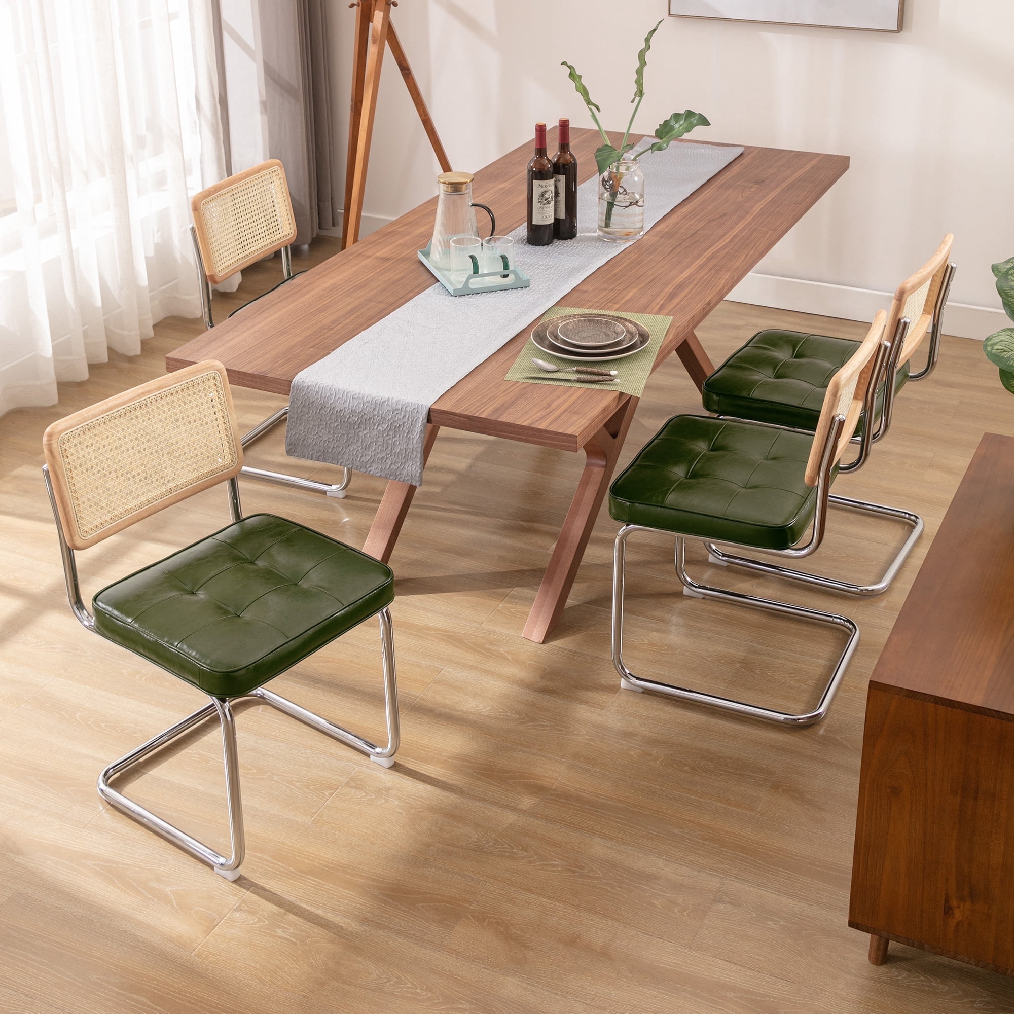 Zesthouse Rattan Dining Chairs Set of 4, Faux Leather Upholstered Side Chairs with Cane Back and Chrome Legs, Mid-Century Modern Dining Living Room Kitchen Chairs, Green