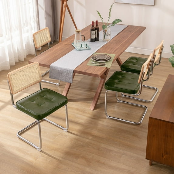 Zesthouse Rattan Dining Chairs Set of 4, Faux Leather Upholstered Side Chairs with Cane Back and Chrome Legs, Mid-Century Modern Dining Living Room Kitchen Chairs, Green