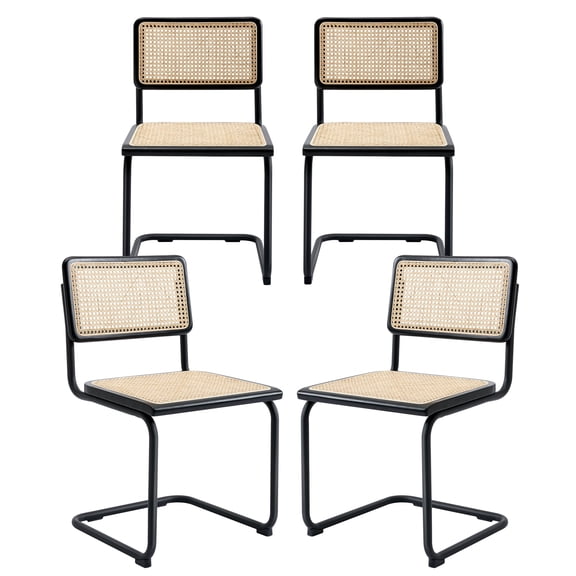 Zesthouse Rattan Dining Chairs Set of 4, Mid Century Modern Dining Room Chairs with Cane Full Back & Seat, Black Metal Legs, Cantilever Kitchen Side Chairs for Dining Living Room, Black
