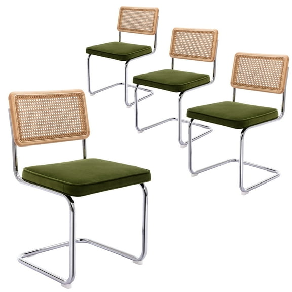 Zesthouse Rattan Dining Chairs Set of 4, Velvet Upholstered Dining Chairs with Cane Back and Chrome Legs, Mid Century Modern Kitchen Side Chairs for Living Room, Green