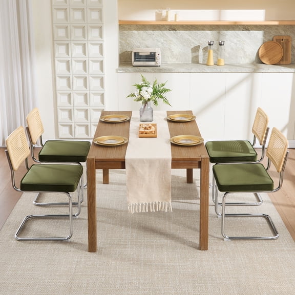 Zesthouse Rattan Dining Chairs Set of 4, Velvet Upholstered Dining Chairs with Cane Back and Chrome Legs, Mid Century Modern Kitchen Side Chairs for Living Room, Green