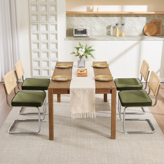 Zesthouse Rattan Dining Chairs Set of 4, Velvet Upholstered Dining Chairs with Cane Back and Chrome Legs, Mid Century Modern Kitchen Side Chairs for Living Room, Green