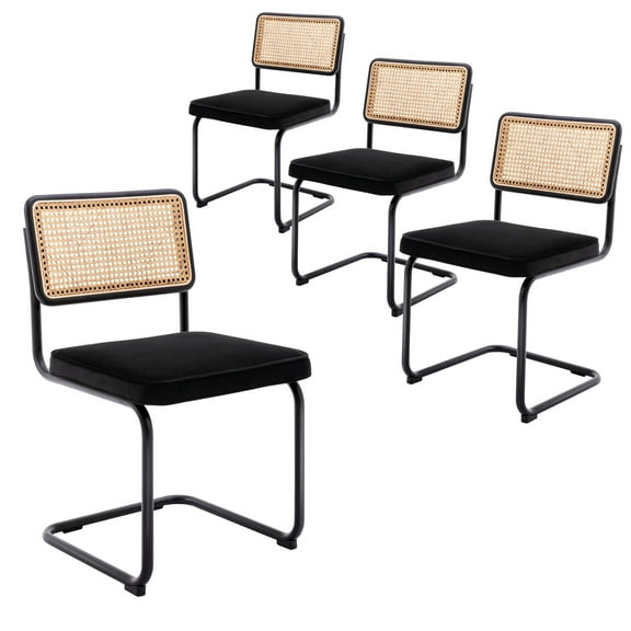 Zesthouse Rattan Dining Chairs Set of 4, Velvet Upholstered Dining Chairs with Cane Back and Metal Legs, Mid Century Modern Kitchen Side Chairs for Living Room, Black