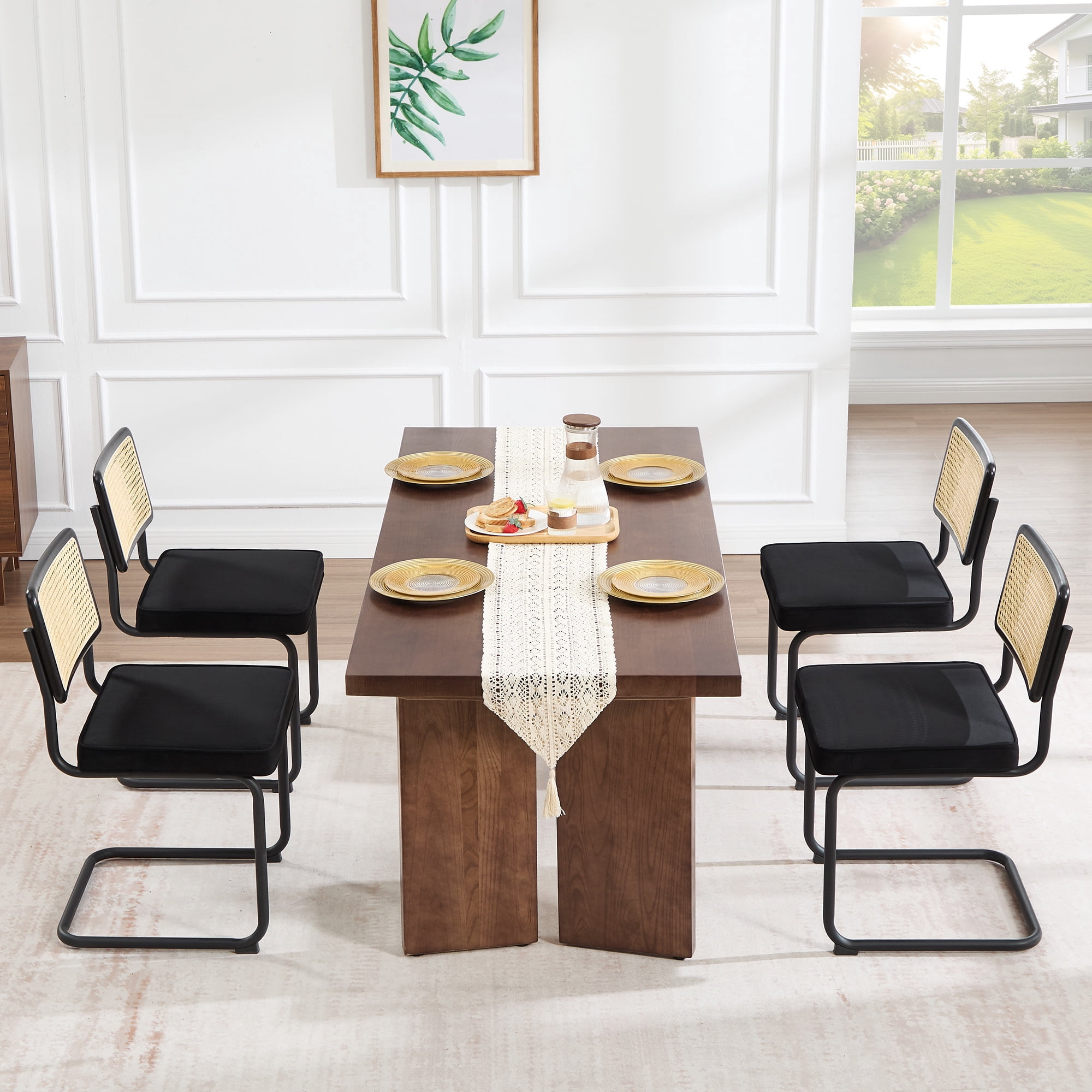 Zesthouse Rattan Dining Chairs Set of 4, Velvet Upholstered Dining Chairs with Cane Back and Metal Legs, Mid Century Modern Kitchen Side Chairs for Living Room, Black