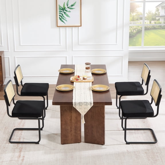 Zesthouse Rattan Dining Chairs Set of 4, Velvet Upholstered Dining Chairs with Cane Back and Metal Legs, Mid Century Modern Kitchen Side Chairs for Living Room, Black