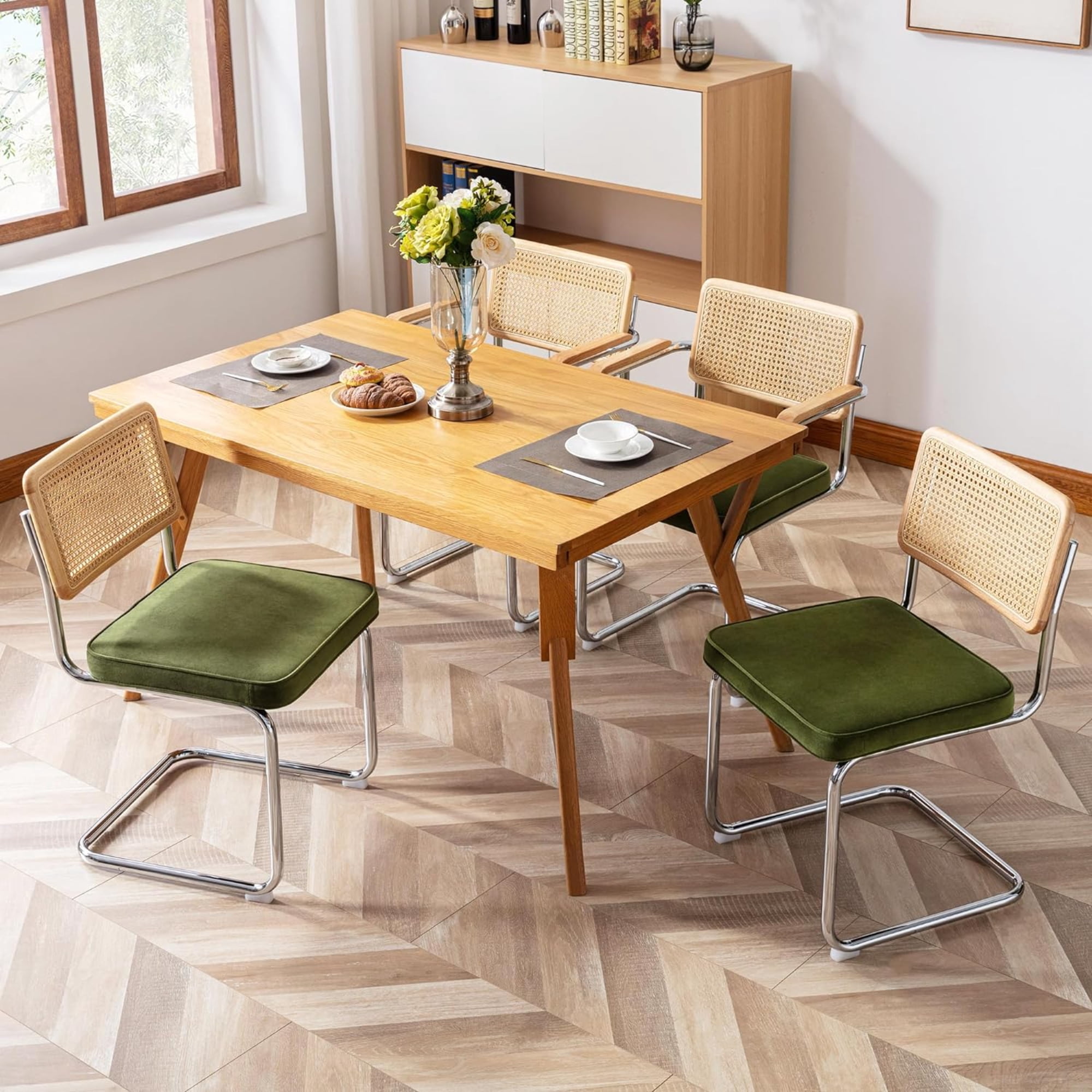 Zesthouse Rattan Dining Chairs Set of 4, Velvet Upholstered Dining Chairs with Cane Back and Chrome Legs, Mid Century Modern Kitchen Side Chairs for Living Room, Green