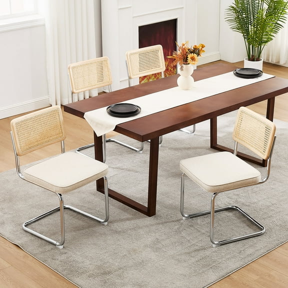 Zesthouse Rattan Dining Chairs set of 4, Modern Linen Upholstered Dining Room Chairs with Cane Back & Chrome Legs, Mid Century Kitchen Chairs for Living Room, Beige