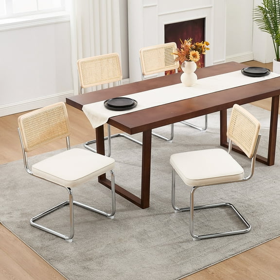 Zesthouse Rattan Dining Chairs set of 4, Modern Linen Upholstered Dining Room Chairs with Cane Back & Chrome Legs, Mid Century Kitchen Chairs for Living Room, Cream
