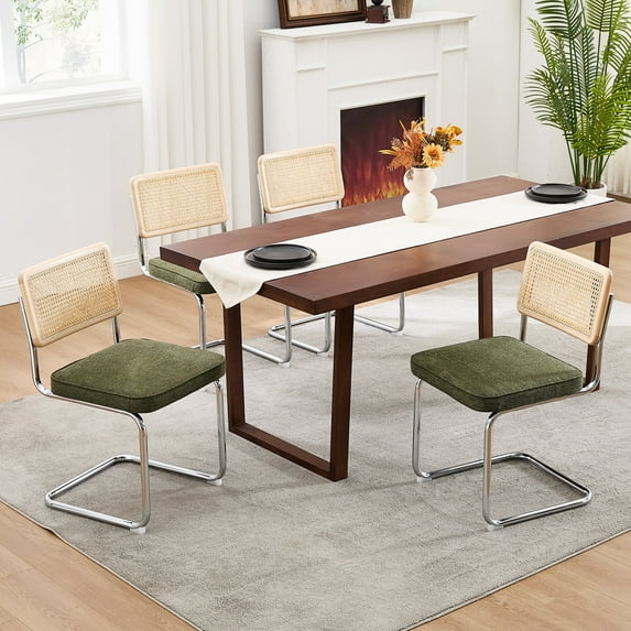 Zesthouse Rattan Dining Chairs set of 4, Modern Linen Upholstered Dining Room Chairs with Cane Back & Chrome Legs, Mid Century Kitchen Chairs for Living Room, Green