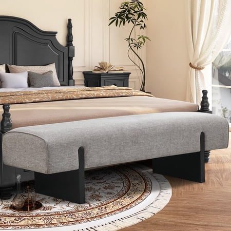 Zesthouse Solid Wooden for Bedroom, 55'' Linen Fabric End of Bed Queen Size, Modern Accent Entryway with Rubberwood Legs, Upholstered Long Ottoman Seat for Window Living Room, Gray