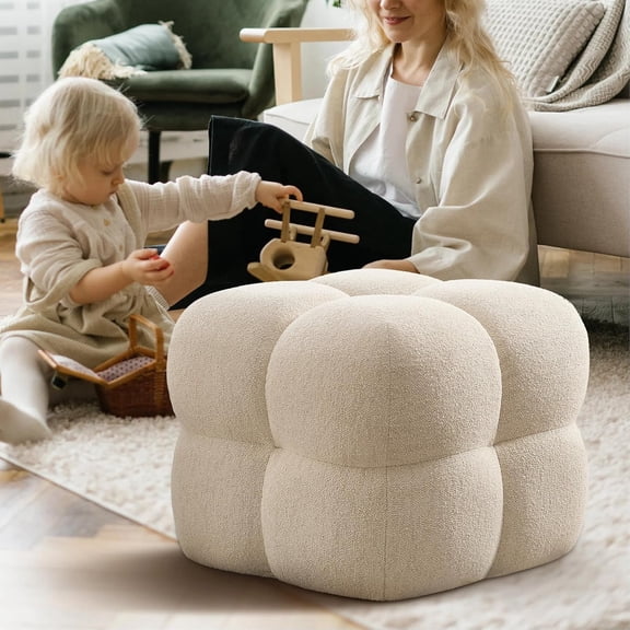 Zesthouse Square Pouf Ottoman, Modern Ottoman Coffee Table for Living Room, Beige Linen Fabric Stool Seat Foot Rest, Upholstered Poofy Footstool for Couch, Cute Vanity Chair Backless for Bedroom