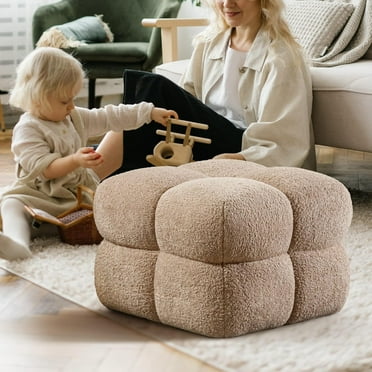 Zesthouse Square Pouf Ottoman, Modern Ottoman Coffee Table for Living Room, Fuzzy Sherpa Ottoman Foot Rest, Upholstered Tufted Ottoman Stool for Couch, White