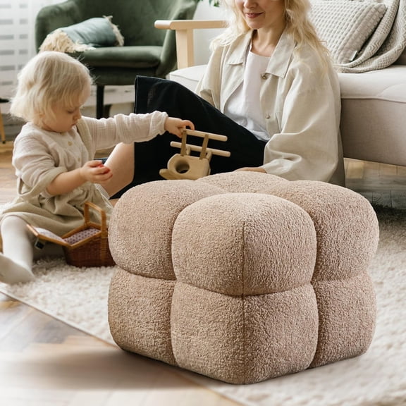 Zesthouse Square Pouf Ottoman, Modern Ottoman Coffee Table for Living Room, Fuzzy Sherpa Stool Foot Rest, Upholstered Tufted Stool for Couch, Tan