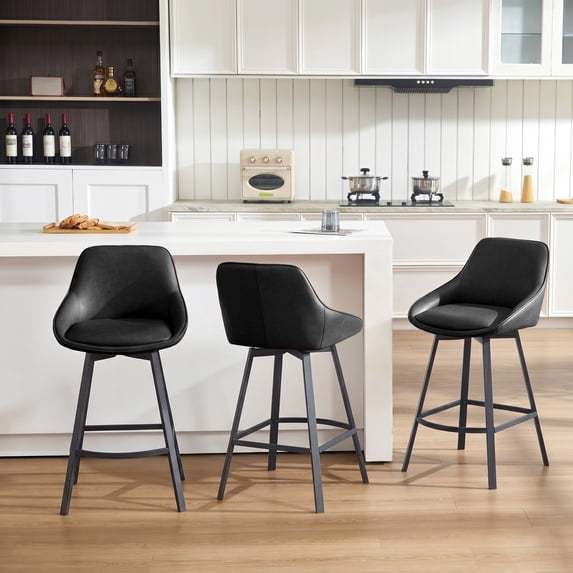Zesthouse Swivel Bar Stools Set of 3, 25.6″ Faux Leather Counter Height Barstool with Backs, Upholstered Counter Stools, Modern Kitchen Chairs with Metal Legs, Black
