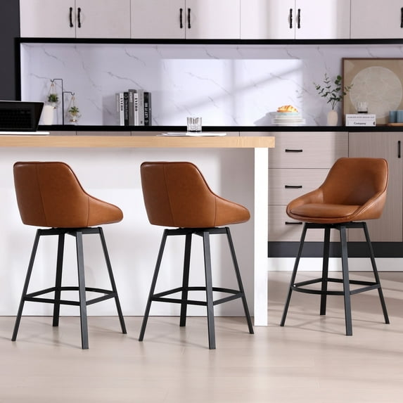 Zesthouse Swivel Bar Stools Set of 3, 25.6″Faux Leather Counter Height Barstool with Backs, Upholstered Counter Stools, Modern Kitchen Chairs with Metal Legs, Brown