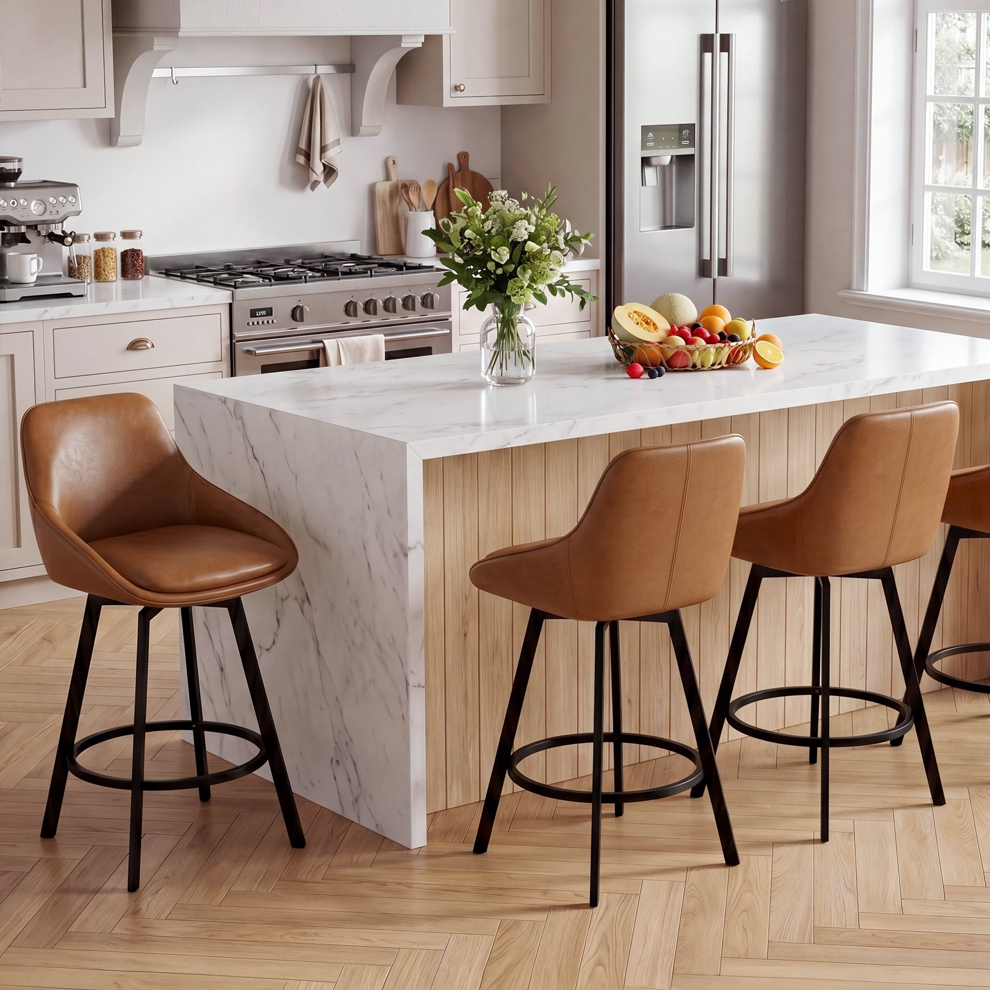 Zesthouse Swivel Bar Stools Set of 3, 25.6″Faux Leather Counter Height Barstool with Backs, Upholstered Counter Stools, Modern Kitchen Chairs with Metal Legs, Brown