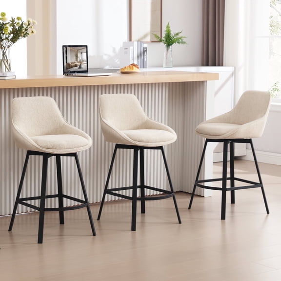 Zesthouse Swivel Bar Stools Set of 3, 25.6″ Upholstered Linen Counter Height Barstools with Backs, Modern Kitchen Chairs with Metal Legs, Beige