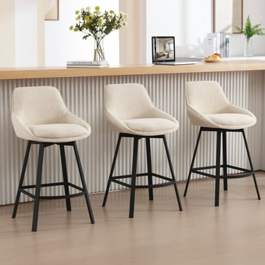 Zesthouse Swivel Bar Stools Set of 3, 25.6″ Upholstered Linen Counter Height Barstools with Backs, Modern Kitchen Chairs with Metal Legs, Beige