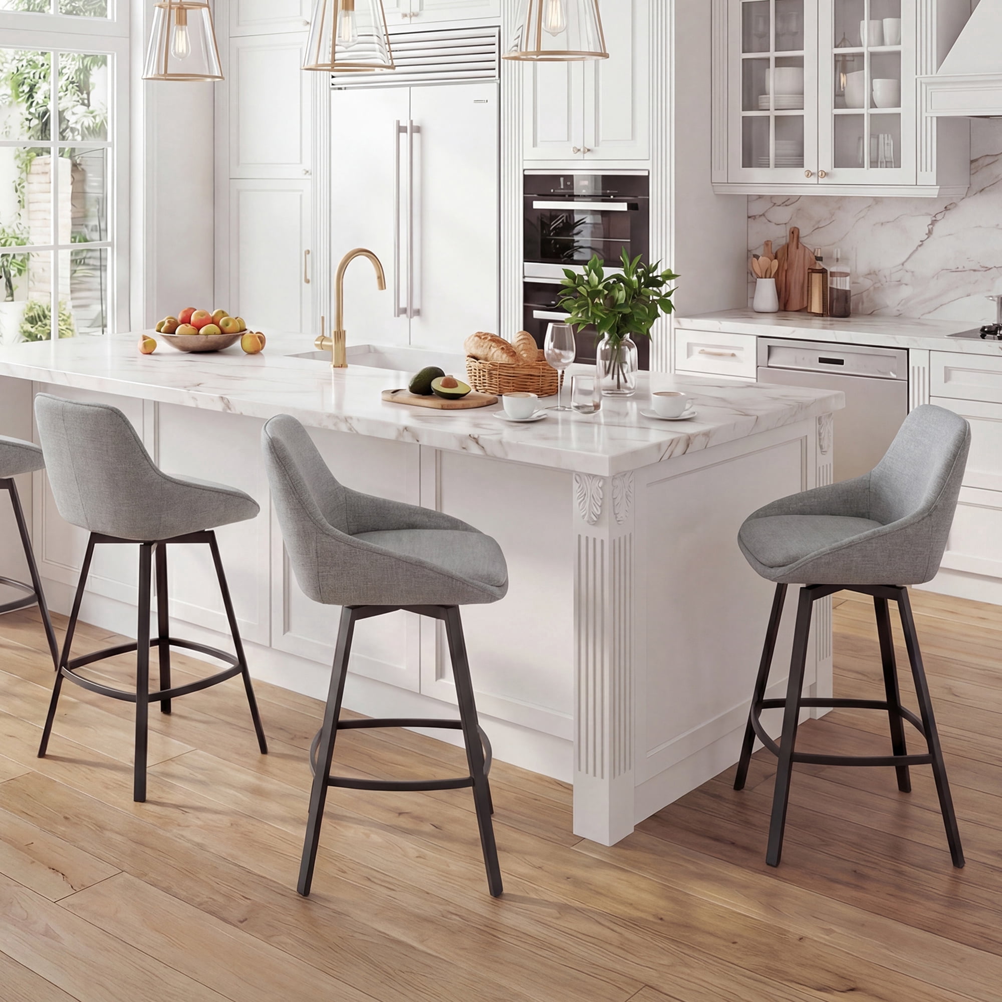 Zesthouse Swivel Bar Stools Set of 3, 25.6″ Upholstered Linen Counter Height Barstools with Backs, Modern Kitchen Chairs with Metal Legs, Gray