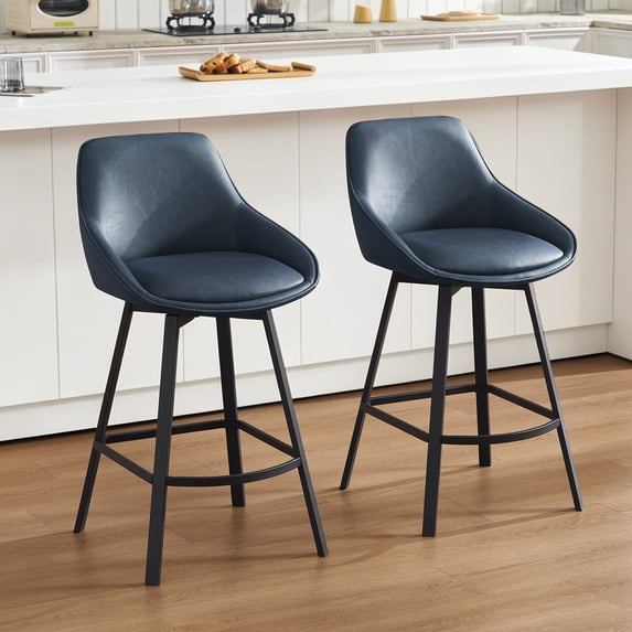 Zesthouse 25.6" Swivel Counter Height Bar Stools Set of 2, Modern Counter Height Chairs with Backs and Metal Legs, Upholstered Faux Leather Barstools for Kitchen Island, Blue