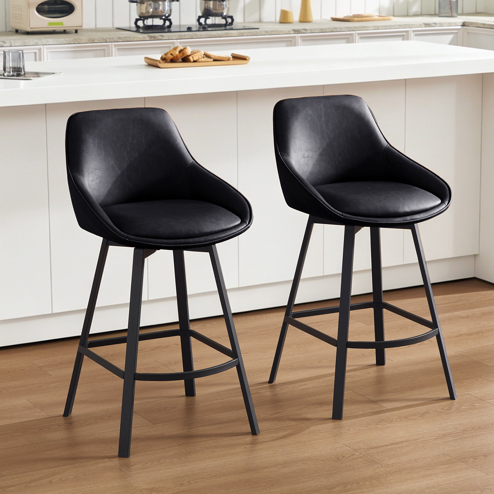 Zesthouse 25.6" Swivel Counter Height Bar Stools Set of 2, Modern Counter Height Chairs with Backs and Metal Legs, Upholstered Faux Leather Barstools for Kitchen Island, Black