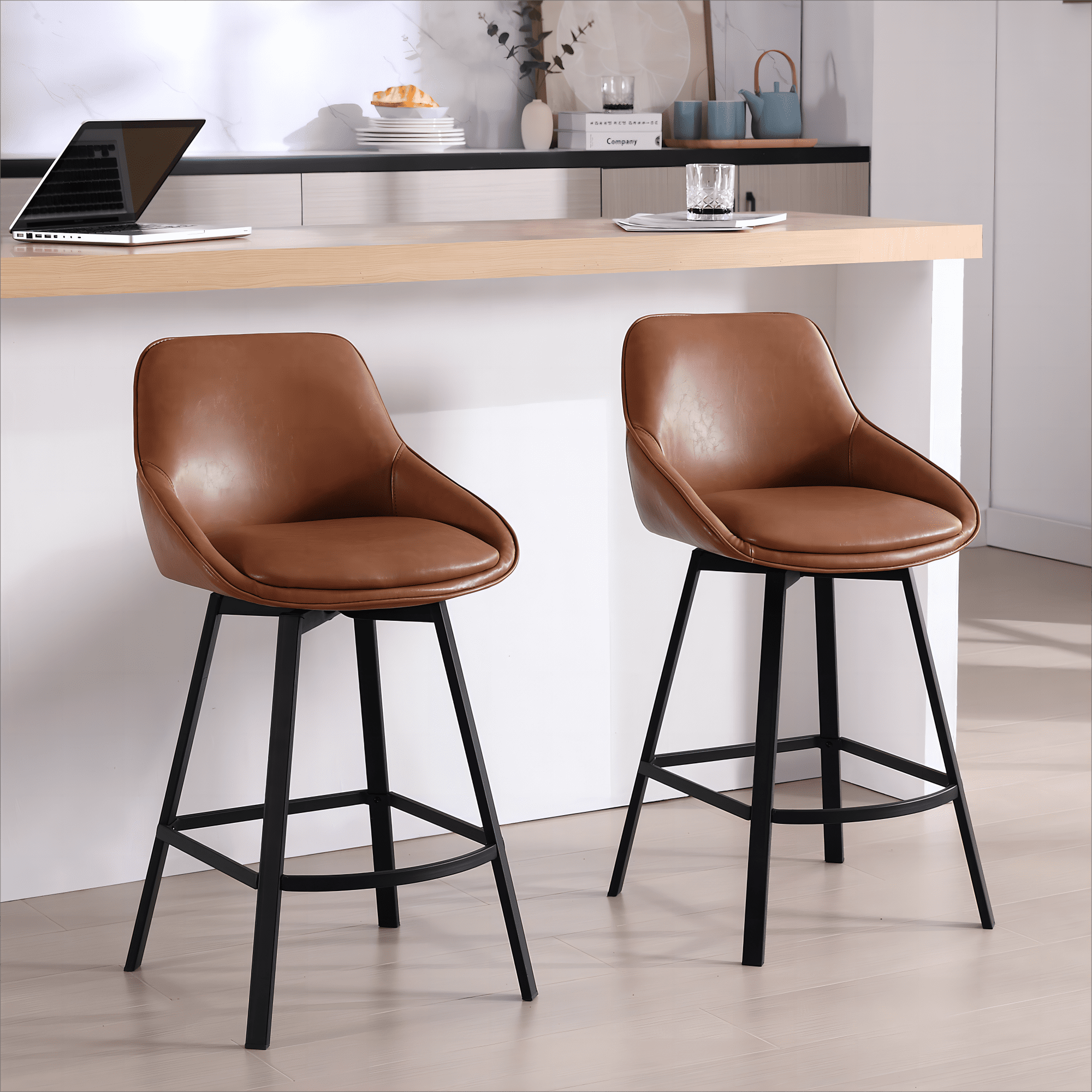 Brown Faux Leather Swivel Counter Stools with Steel Base, Set of 2
