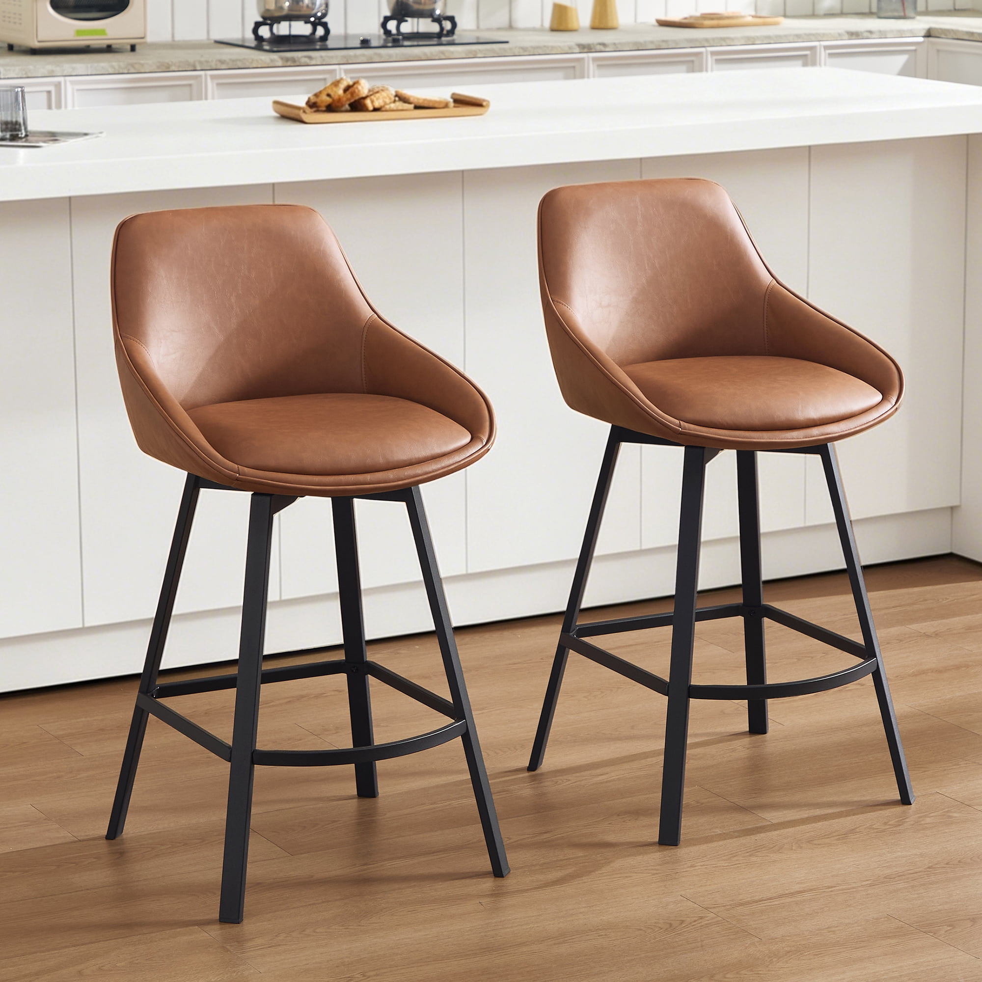 Zesthouse 25.6" Swivel Counter Height Bar Stools Set of 2, Modern Counter Height Chairs with Backs and Metal Legs, Upholstered Faux Leather Barstools for Kitchen Island, Brown