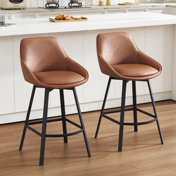 Zesthouse 25.6" Swivel Counter Height Bar Stools Set of 2, Modern Counter Height Chairs with Backs and Metal Legs, Upholstered Faux Leather Barstools for Kitchen Island, Brown