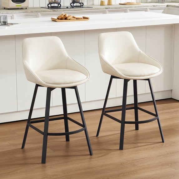 Zesthouse 25.6" Swivel Counter Height Bar Stools Set of 2, Modern Counter Height Chairs with Backs and Metal Legs, Upholstered Faux Leather Barstools for Kitchen Island, White