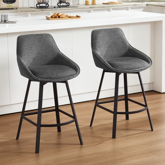 Zesthouse 25.6" Swivel Counter Height Bar Stools Set of 2, Modern Counter Height Chairs with Backs and Metal Legs, Upholstered Linen Barstools for Kitchen Island, Dark Gray