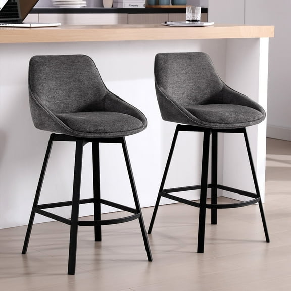 Zesthouse 25.6" Swivel Counter Height Bar Stools Set of 2, Modern Counter Height Chairs with Backs and Metal Legs, Upholstered Linen Barstools for Kitchen Island, Dark Gray