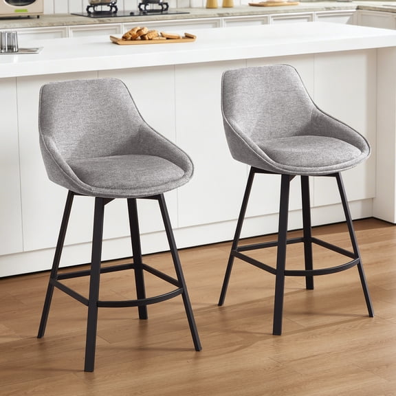 Zesthouse 25.6" Swivel Counter Height Bar Stools Set of 2, Modern Counter Height Chairs with Backs and Metal Legs, Upholstered Linen Barstools for Kitchen Island, Gray