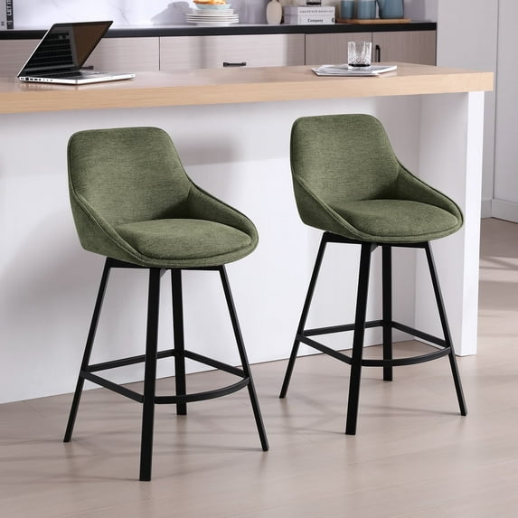 Zesthouse 25.6" Swivel Counter Height Bar Stools Set of 2, Modern Counter Height Chairs with Backs and Metal Legs, Upholstered Linen Barstools for Kitchen Island, Green
