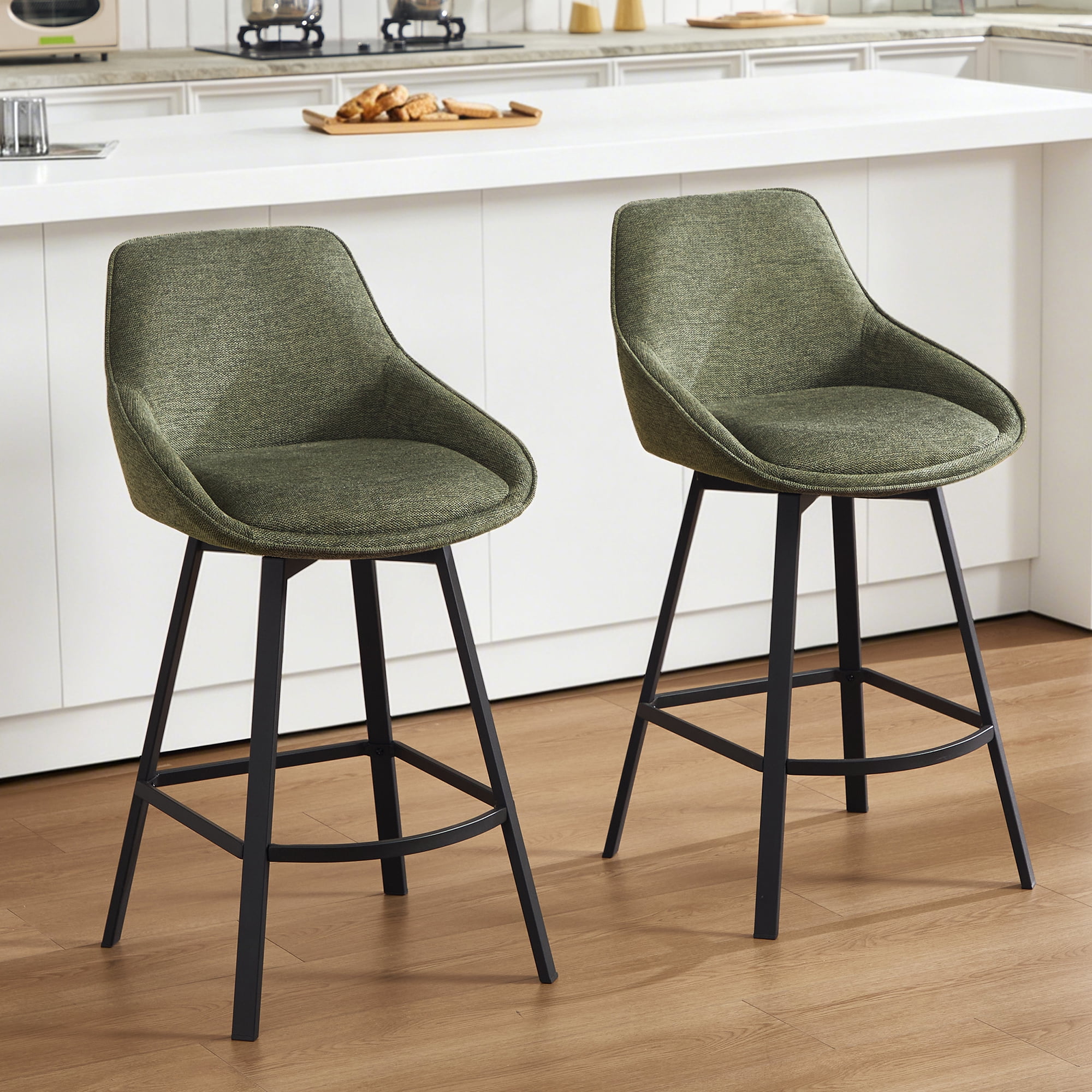 Zesthouse 25.6" Swivel Counter Height Bar Stools Set of 2, Modern Counter Height Chairs with Backs and Metal Legs, Upholstered Linen Barstools for Kitchen Island, Green