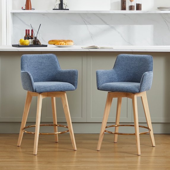Zesthouse 26.6" Swivel Counter Height Bar Stools Set of 2, Upholstered Linen Barstool with Curved Back and Wood Legs, Mid Century Modern Counter Height Chairs for Pub Kitchen Island, Blue