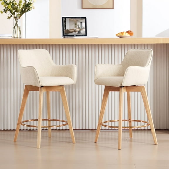 Zesthouse 25.8" Swivel Counter Height Bar Stools Set of 2, Upholstered Linen Barstool with Curved Back and Wood Legs, Mid Century Modern Counter Height Chairs for Pub Kitchen Island, Beige