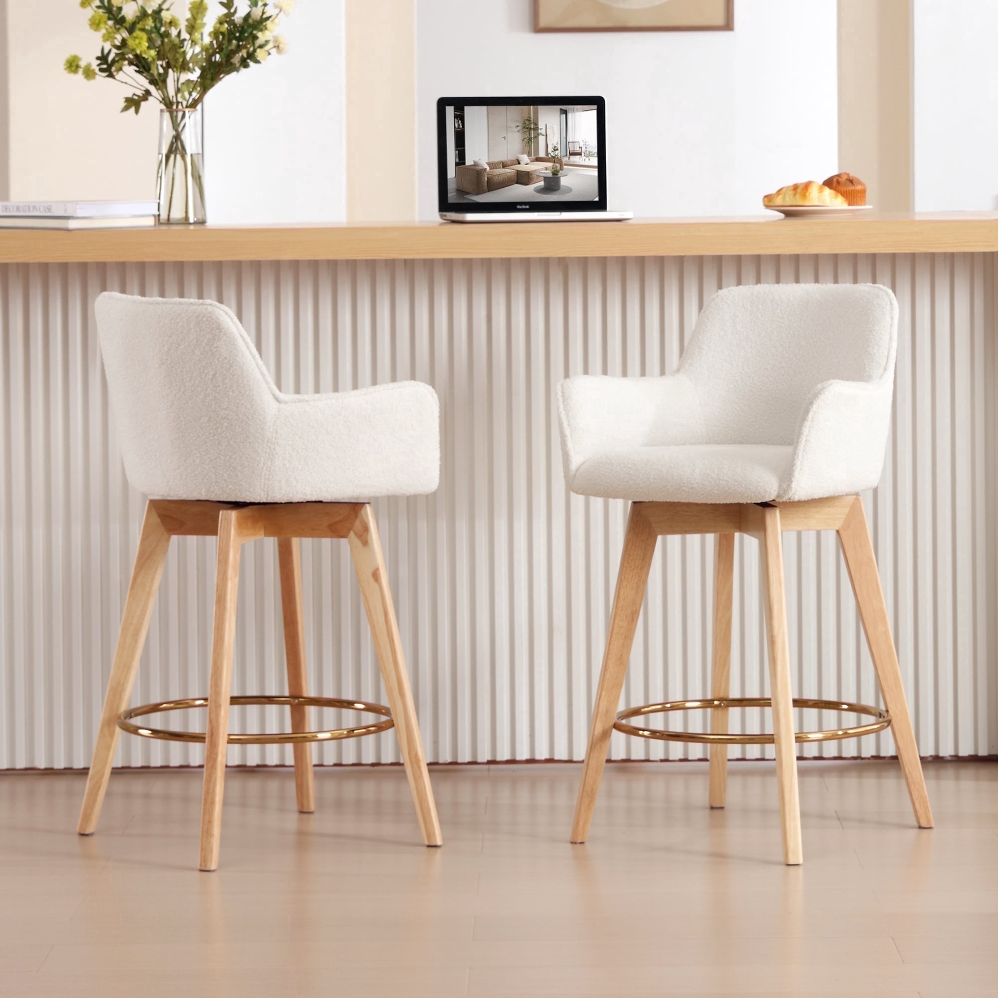Zesthouse 26.6" Swivel Counter Height Bar Stools Set of 2, Upholstered Sherpa Barstool with Curved Back and Wood Legs, Mid Century Modern Counter Height Chairs for Pub Kitchen Island, White