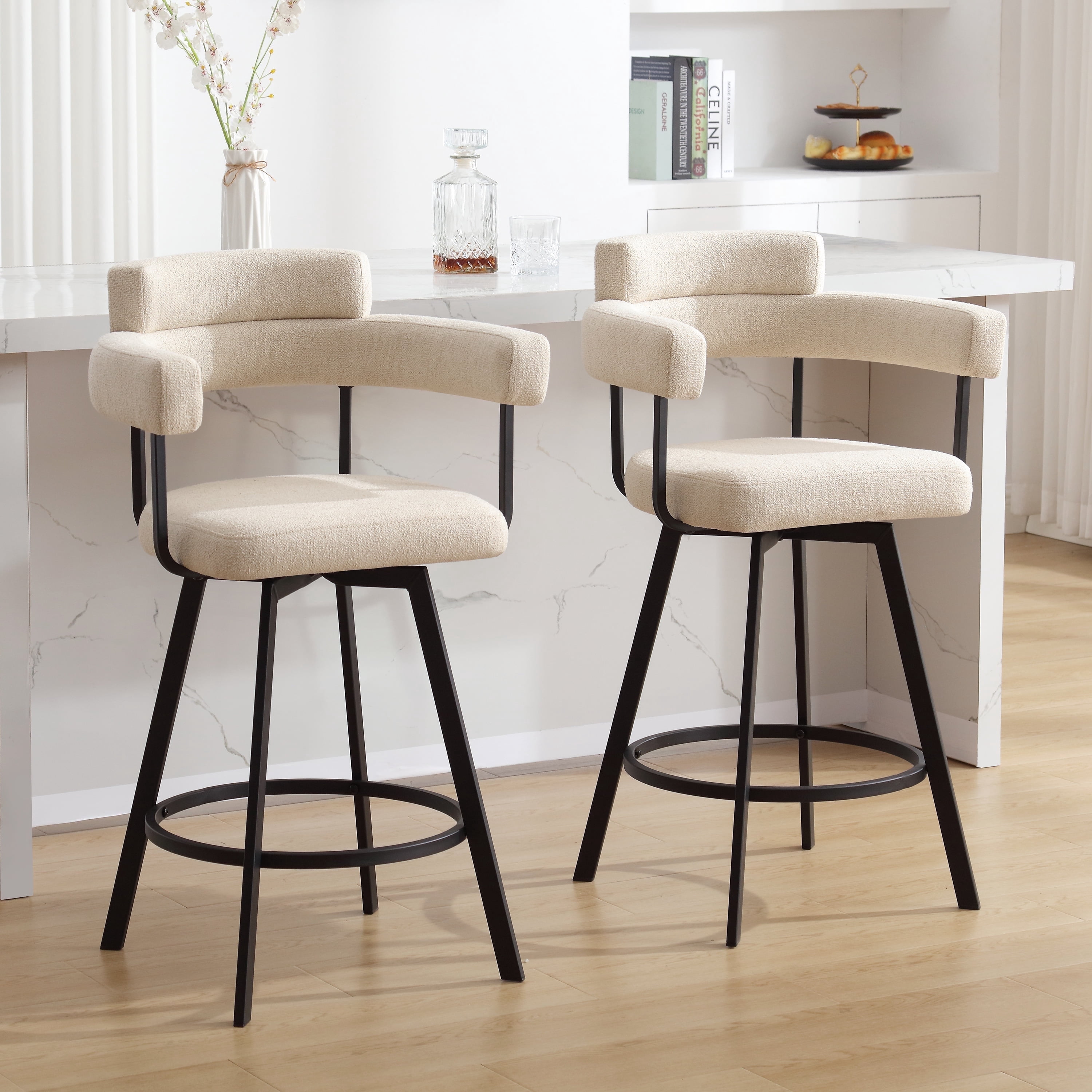 Zesthouse 26" Counter Height Swivel Barstools, Linen Upholstered Bar Stools Set of 2, Metal Base, Beige